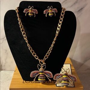 Gold Bee Necklace, Earring and Ring Set with Multicolor Accents